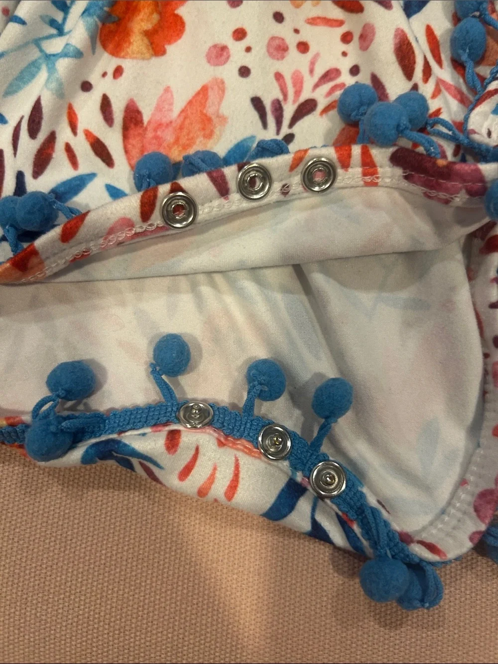 Baby Girls Floral Pom Trim Romper - White, Blue & Coral